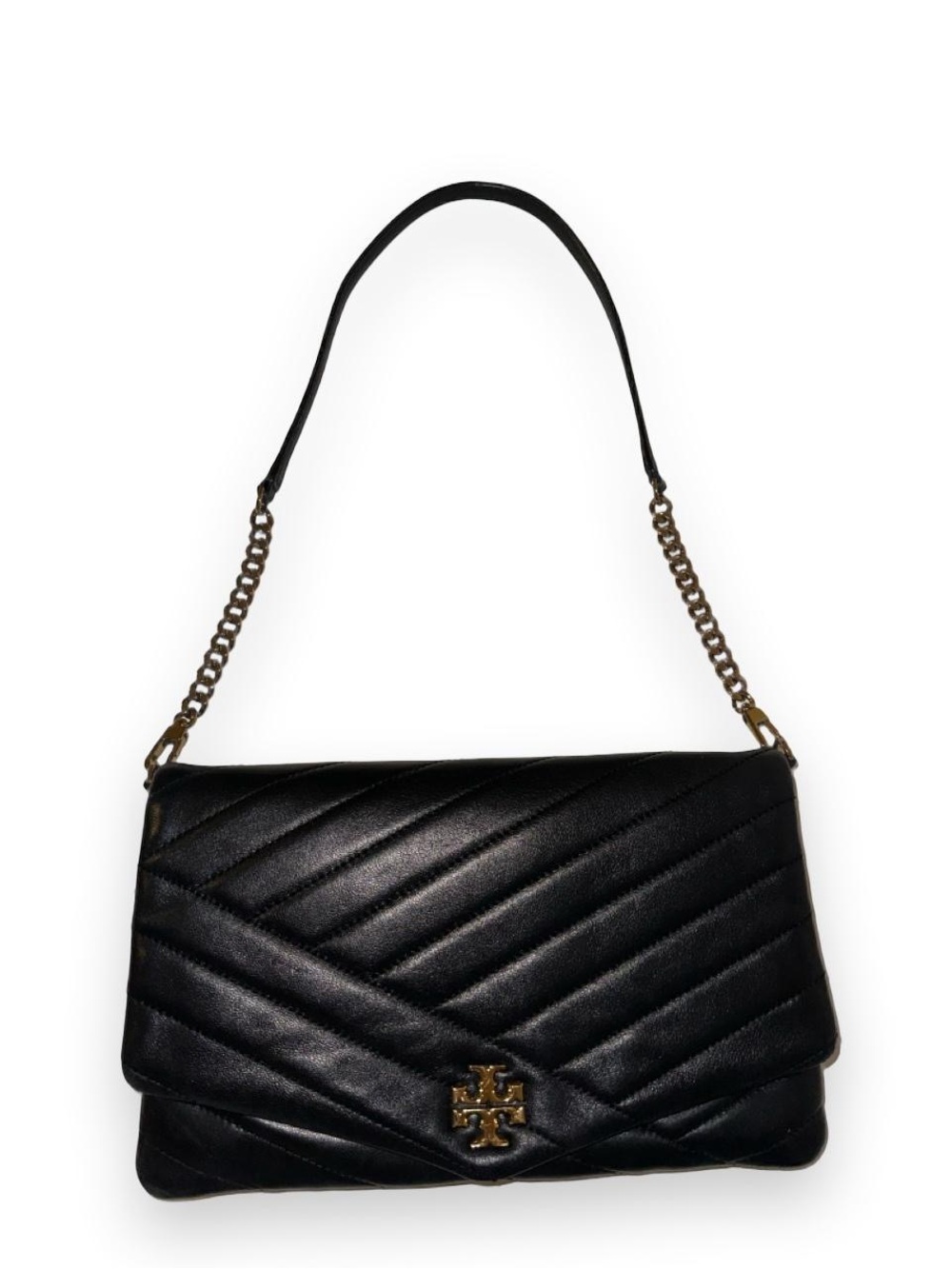 Tory Burch Kira Chevron Clutch Black Quilted Leather Shoulder Bag with Gold Logo